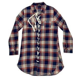 ENVME Long Tunic Flannel Dress Womens Sz Large Red Blue Plaid Lace Up NEW